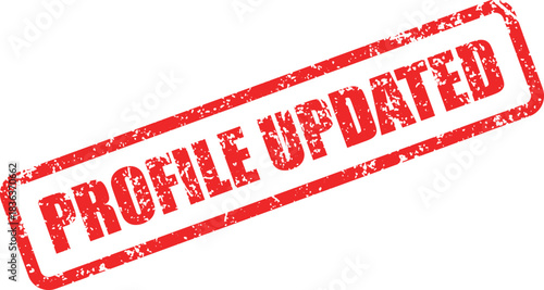 A grungy red stamp with the words Profile Updated on a transparent background
