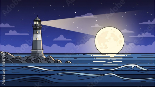 Lighthouse guiding ships through the ocean under a bright full moon at night
