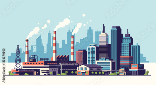 Flat vector illustration of an industrial zone with factories and smoking chimneys against a modern city skyline background.