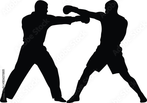 Two black silhouettes of men boxing on a white background