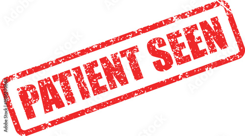 A red grunge rectangular stamp stating Patient Seen is displayed on a white backdrop