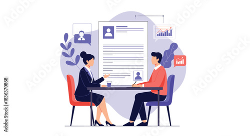 Human resources concept of a job interview with a female recruiter and a male candidate discussing his resume and qualifications.