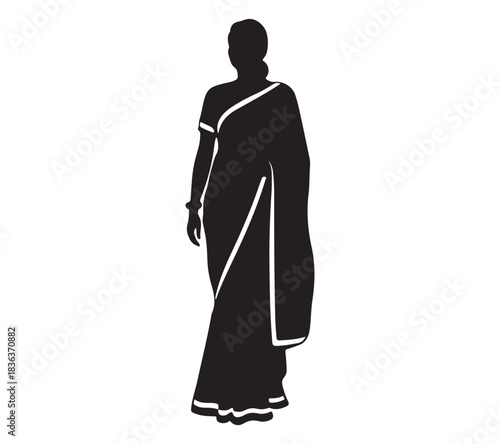  Full body silhouette of a woman wearing a traditional indian sari standing gracefully silhouette