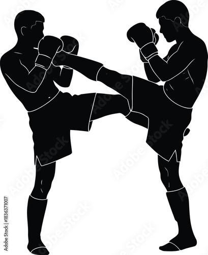 Two male kickboxers in silhouette fighting with one kicking