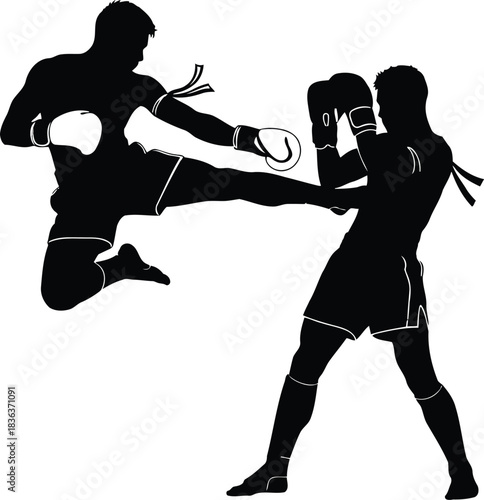 Two Muay Thai fighters in black silhouette striking