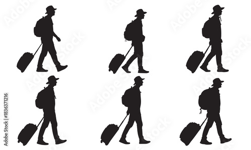 Multiple silhouettes of a traveler with backpack and rolling suitcase in motion