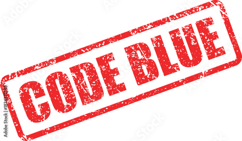 A textured red rubber stamp showing CODE BLUE is slightly tilted against white space
