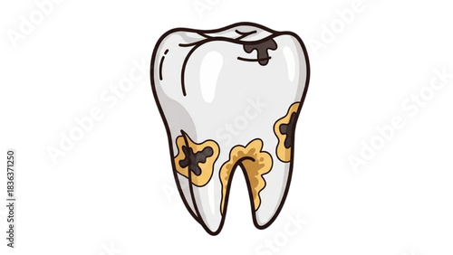 Cartoon Illustration of a Tooth with Cavities and Decay, Dental Health Issue