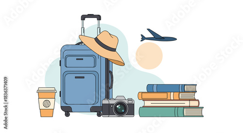 Collection of essential travel items including a suitcase, camera, books, and coffee, representing vacation and adventure planning.