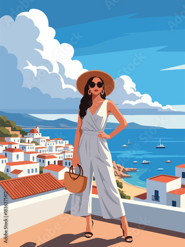 Flat style illustration of a fashionable woman in a summer jumpsuit walking in a coastal town with boats and blue sky. Perfect for travel blogs, fashion style, and summer vibes