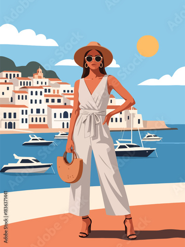 Flat style illustration of a fashionable woman in a summer jumpsuit walking in a coastal town with boats and blue sky. Perfect for travel blogs, fashion style, and summer vibes