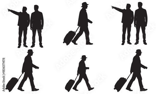 Collection of diverse male figures in silhouette some with luggage indicating direction or movement silhouette