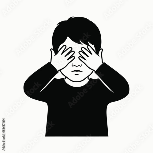 Child covering eyes in black and white illustration