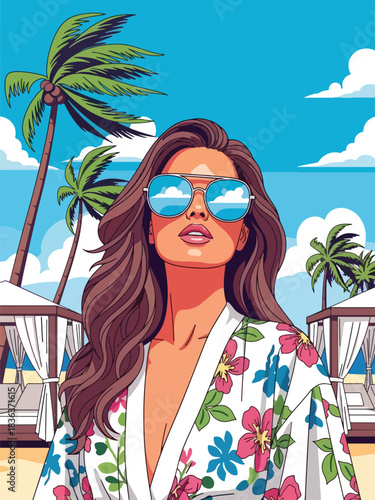 Flat modern portrait of a woman in a floral kimono and sunglasses at a beach resort. Ideal for summer beauty, fashion, travel lifestyle, and tropical vacation visuals