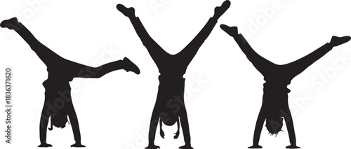 Kids Performing Cartwheels Silhouettes – Playful Black and White Isolated Poses