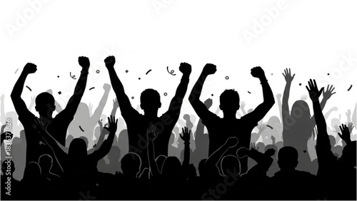 Celebration crowd with hands in the air and confetti falling