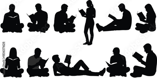 Collection of men and women reading books silhouettes set vector illustration drawing leisure education study learning knowledge students people