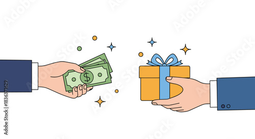 Vector illustration of hands exchanging money for a gift, symbolizing purchasing a present, commerce, or a special occasion.