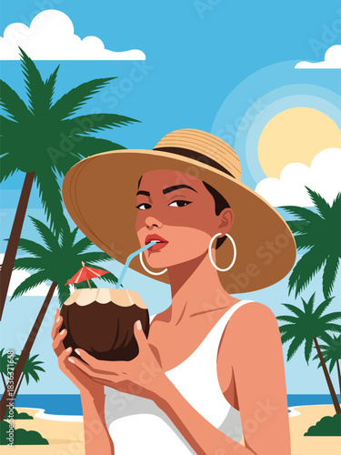 Flat vector summer portrait of a stylish woman in a sunhat drinking coconut water by the ocean. Ideal for travel lifestyle, beaches, wellness, and vacation marketing