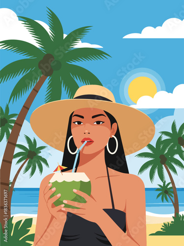 Flat vector summer portrait of a stylish woman in a sunhat drinking coconut water by the ocean. Ideal for travel lifestyle, beaches, wellness, and vacation marketing
