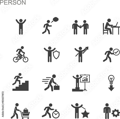 Person, activity, icons, vector, flat, silhouette, business, fitness, shopping, idea, teamwork, success, motion, gear, chart, running, walking, climbing, working, presenting - flat vector illustration