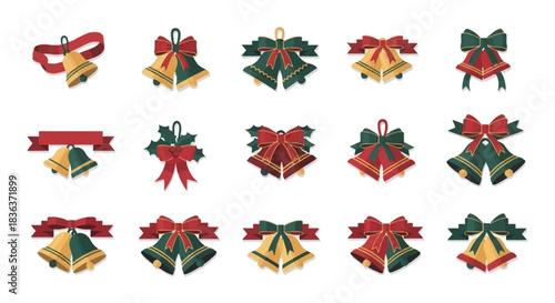 Festive Christmas Bell Collection Decorative Bells with Bows and Ribbons for Holiday Designs