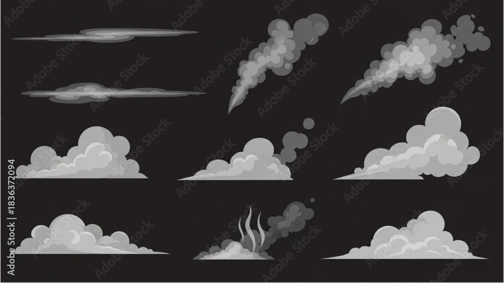 Fototapeta premium Collection of stylized smoke and cloud effects for various graphic design projects, featuring steam, vapor, and smog elements