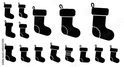 Collection of Christmas stocking icons in black silhouette style. Assortment of festive holiday sock shapes for graphic design and winter celebration concepts