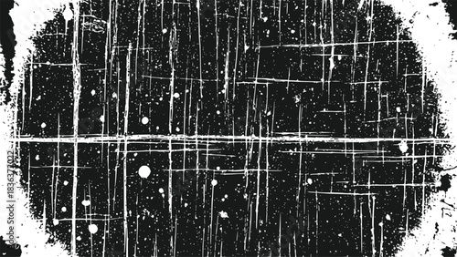 Grungy Black and White Texture Overlay with Random White Splatters and Scratches Isolated on Transparent Background