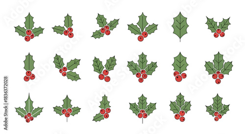 A festive collection of holly leaves and red berries icons. This set features various arrangements for Christmas and winter holiday designs, isolated on a white background