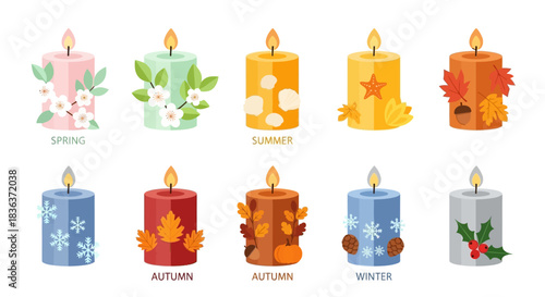 Collection of decorative candles, each representing a different season, adorned with thematic elements like leaves, flowers, snowflakes, and berries