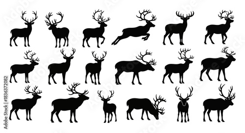 A comprehensive collection of wild deer silhouettes, featuring stags with majestic antlers in various dynamic and static poses