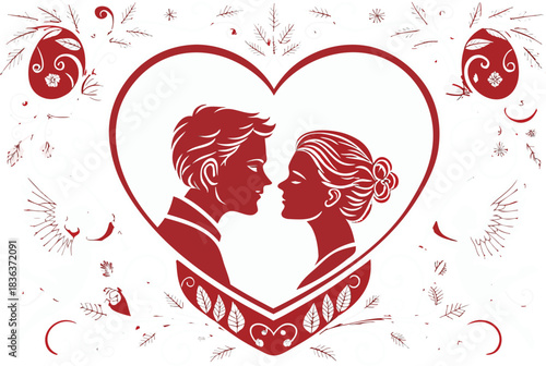 Loving couple in heart frame, ornate floral swirls, cupids.
