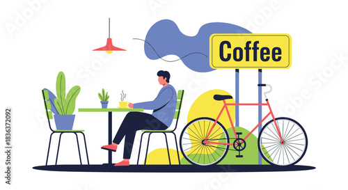 Man enjoying a cup of coffee at an outdoor cafe with his bicycle parked nearby, representing a relaxed urban lifestyle.