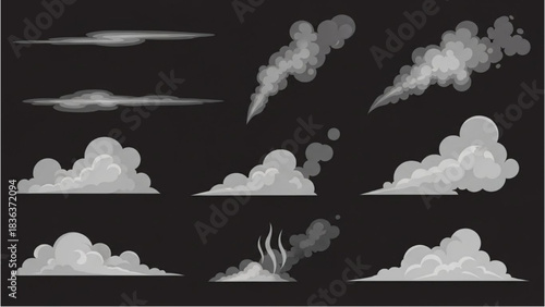 Collection of stylized smoke and cloud effects for various graphic design projects, featuring steam, vapor, and smog elements