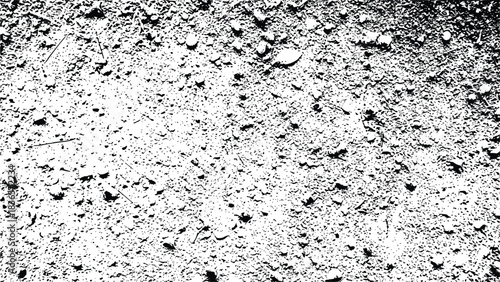 High Contrast Black and White Grunge Texture Overlay of Dry Cracked Earth and Pebbles Isolated on Transparent Background