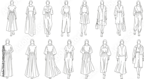 Fashion sketch collection, women outfits, dress design, garment illustration, style variations, clothing silhouettes, runway inspiration, flat vector illustration