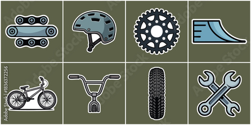 Urban BMX Freestyle Sports Icon Collection Featuring Bike Gears, Tires, Helmet, Handlebars, Stunt Ramps and Repair Tools for Street Cycling Culture and Action Projects