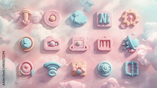 A creative collection of whimsical 3D application icons rendered in a soft, pastel clay style on a dreamy, cloudy background