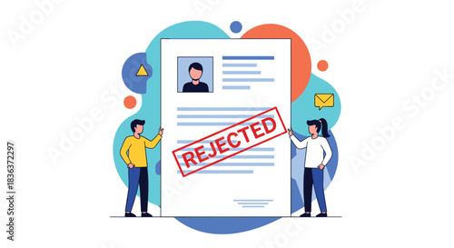 Job application rejection concept with two people looking at a resume that has a large red 'REJECTED' stamp on it.