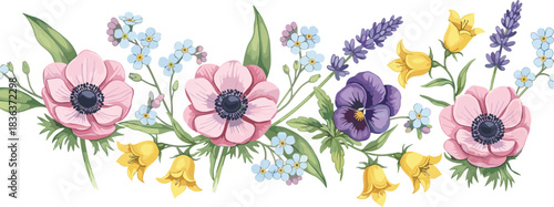 Floral bouquet design, anemone flowers, pansy and lavender, forget-me-not, botanical arrangement, nature beauty, flat vector illustration