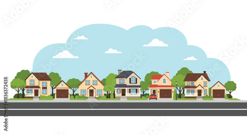 Suburban neighborhood street with a row of diverse family houses, green trees, and a road under a blue sky with clouds.
