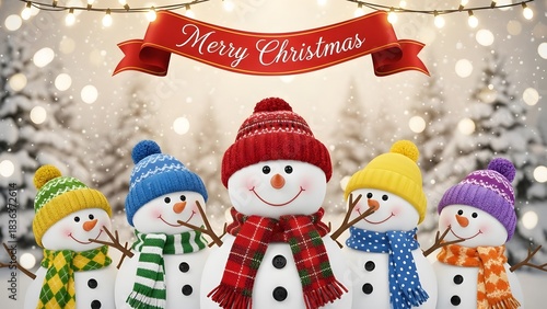 Five Cute Snowmen Merry Christmas Banner Winter Scene