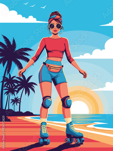 Flat vector portrait of a stylish woman roller-skating beside an ocean boardwalk under bright summer sunshine. Ideal for lifestyle, fitness, fashion, and youthful summer activity themes
