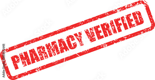 Distressed red rubber stamp displays the phrase pharmacy verified against a white background