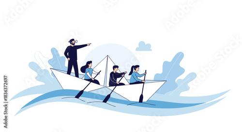 Business leadership and teamwork in the metaverse concept with a team rowing a paper boat led by a man wearing VR glasses.