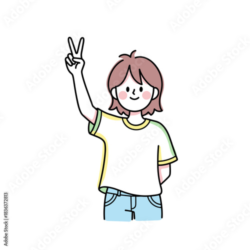 Young girl making peace sign with cheerful expression in casual outfit  