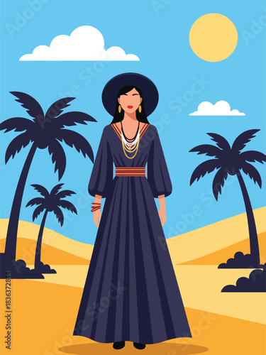 Flat summer portrait of a woman in a flowing boho maxi dress standing in a warm desert environment with sunshine. Ideal for fashion design, style branding, and travel lifestyle