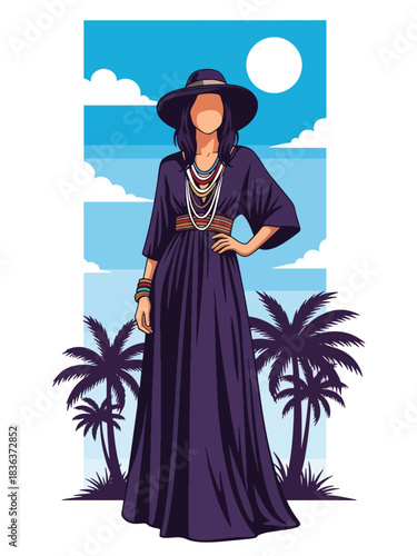 Flat summer portrait of a woman in a flowing boho maxi dress standing in a warm desert environment with sunshine. Ideal for fashion design, style branding, and travel lifestyle
