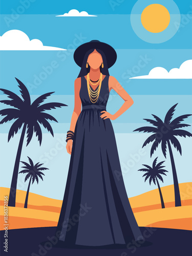 Flat summer portrait of a woman in a flowing boho maxi dress standing in a warm desert environment with sunshine. Ideal for fashion design, style branding, and travel lifestyle